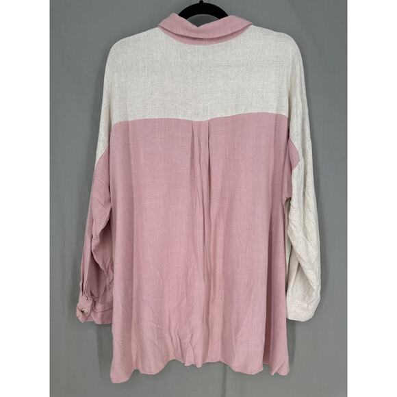 Andree By Unit Top Womens 1X Pink Beige Linen Button Long Sleeve Flowy Casual - Picture 3 of 7